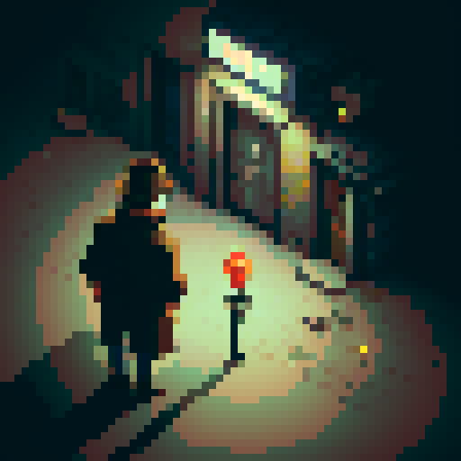 Create a grizzled, fedora-wearing detective with a trench coat and magnifying glass, standing in a dimly lit alleyway surrounded by graffiti and trash cans in a noir-inspired pixel art style as game character.
