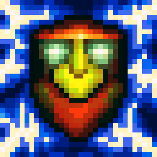 Cute robot with vibrant colors, pixelated details, and a skillful expression, portrayed as a close-up game icon in 32x32 pixel art style