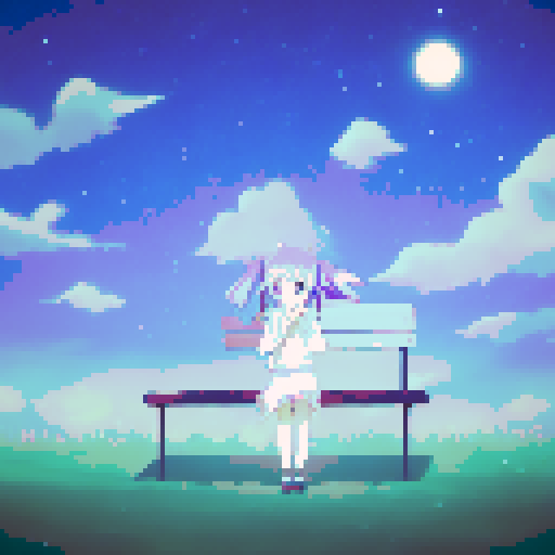 Lonely girl, tears streaming down her face, sits on a bench under a starry night sky in a poignant anime-style scene with hues of blue and purple, capturing the melancholy mood.