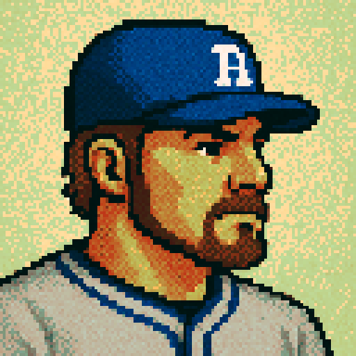 Can you make an profile picture of a baseball player? Pixel perfect pixel art. The level of detail should be similar to that of Sonic of the Hedgehog. Use dithering and anti-aliasing when needed. Make the player like the health UI character from Wolfenstein 3d. Give him a neutral expression. His jersey should be gray with blue accents. His had should be blue with white accents.  Can he have sideburns and a goatee?