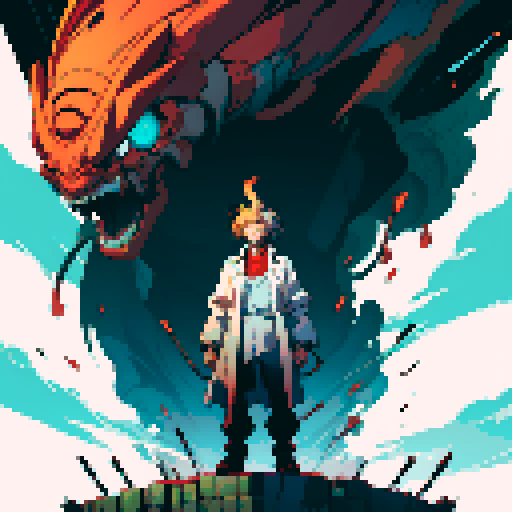 full-body image mad scientist facing left with giant robot