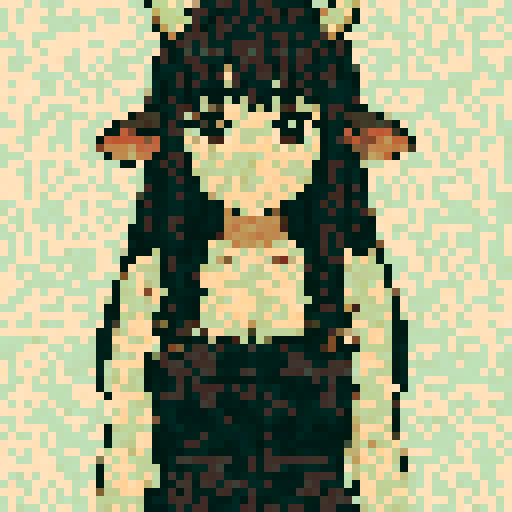 neutral anime cow girl, black long straight hair, front bangs, cream cow horns, brown cow ears with pink inside, large brown eyes, soft sparkle in eyes, neutral expression, calm face, small closed mouth, relaxed eyebrows, cow-themed outfit, cow print overalls (dark denim with black splotches), cream low-cut tank top underneath, visible cleavage, arms straight down at sides, soft posture, centered composition, standing idle, no movement, soft shading, clean outline, retro 