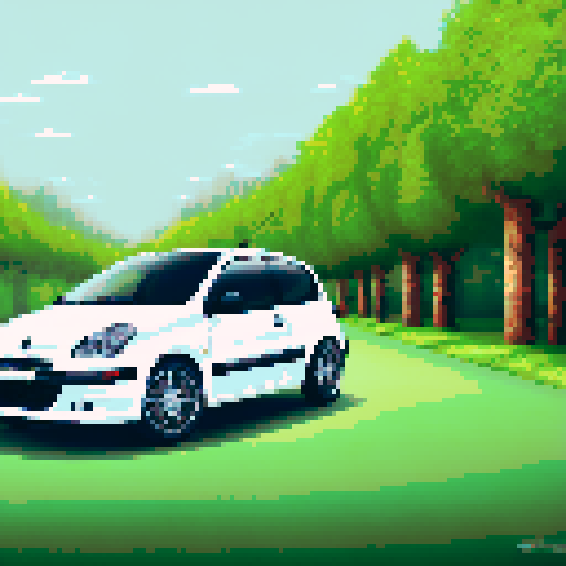 Photorealistic whole Peugeot 206, three-quarter view, right front wheel, clean background, sRGB colors, pixel art style
