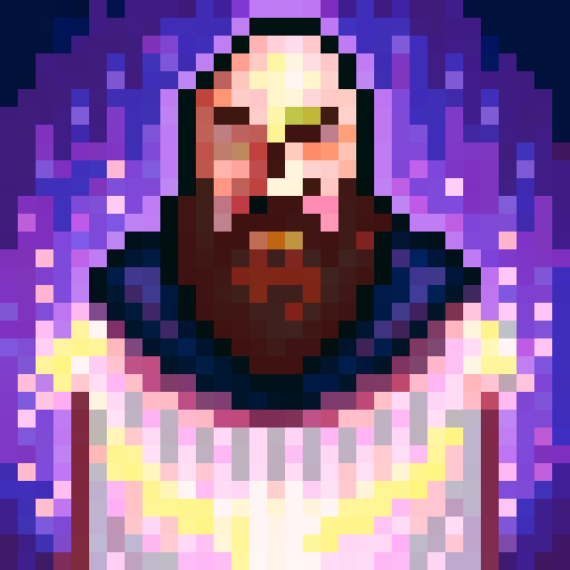 tall bearded man, big nose, wizard costume, frothy beer, pixel art, portrait, 