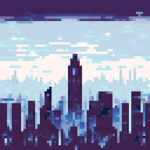 Towering skyscraper, metropolis scene, muted palette of grays blues and greens, simple background, pixelated world
