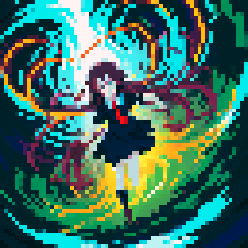 anime girl with long, glowing eyes, flowing hair, dark colors, hovering above the ground in a revealing school uniform, with a 16 bit style that pops against the sRGB color palette
