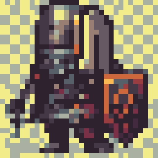 dark souls-like knight, brown-haired, no helmet, wielding a sword and shield, shield embossed with a golden "V", fantasy RPG