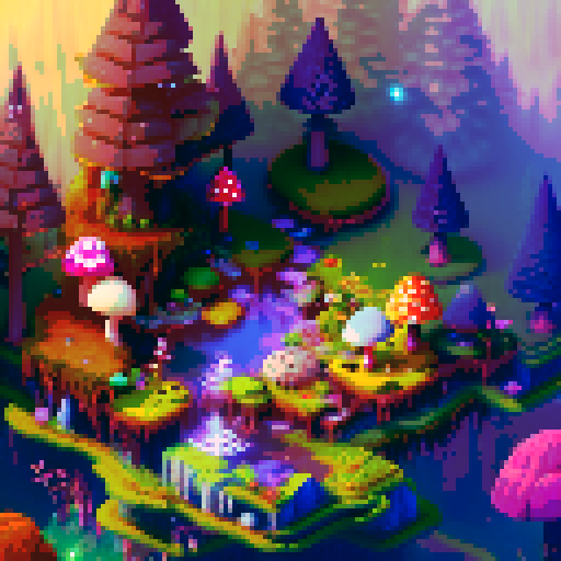 Fantasy, top-down forest, vibrant color palette, towering trees, moss-covered rocks, winding paths, magical creatures, hidden treasures, glowing mushrooms, sparkling waterfalls, ethereal fog, sunbeams streaming through branches, whimsical flowers, enchanting atmosphere, pixel art, tileset, game development, asset