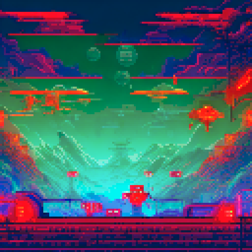 Adeptus Mechanicus, programmer, hacker, tech, intricate circuitry, glowing neon lines, mechanical appendages, pixelated characters, vibrant colors, sRGB, pixel art, background, landscape