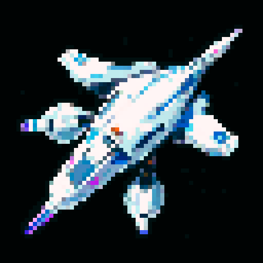 a transparent pure 2d sprite for a space game. It needs to look like the top view of a futuristic spaceship all by itself with the background transparent ,style of the 90s. The spaceship should not have any shadows.