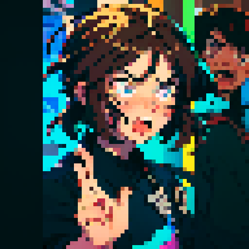ong brown haired man, disheveled appearance, wide-eyed, frenetic energy, dilated pupils, sleep-deprived, dark circles under eyes, animated expressions, exaggerated hand gestures, vibrant colors, jagged edges, pixelated representation, 8-bit aesthetic, retro-inspired, sRGB color palette