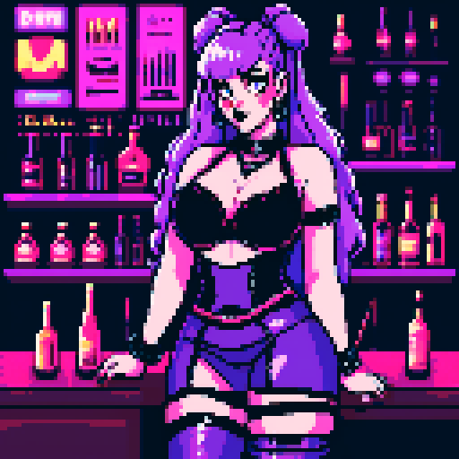 Portrait of Thicc, curvy, busty goth babe with studded collar, long purple hair in buns, fishnet stockings, studded halter top, bartending at nightclub, neon signage. pixel art, sRGB.