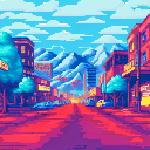 Colorado Springs city, streets of rage, pixelated buildings, vibrant colors, sRGB, detailed cars, bustling traffic, lively pedestrians, scenic background, mountainous landscape