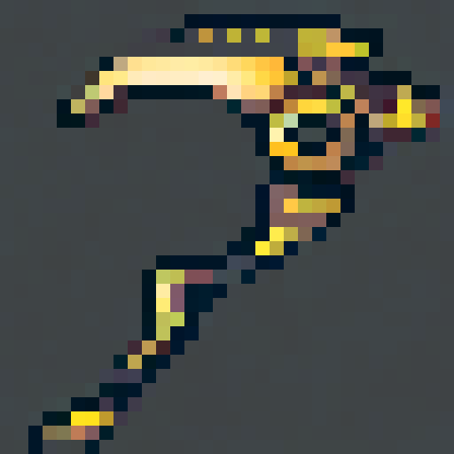 Scythe, black and gold, glowing, modern style, 32x, fantasy RPG-inspired
