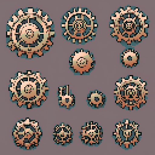 I want a copper gear that looks like it was made by a master clockmaker. It should have strange mechanical details that could interlock with each other. I also want this object usable an asset in a videogame, meaning only one object per image, outlined with a strong black stroke, on a solid-color background.
