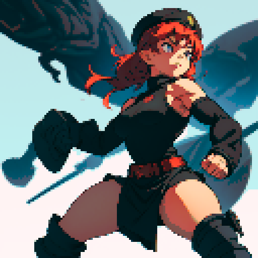 full-body image, muscle girl, female, thick biceps, big shoulders, big fists, muscular physique, thick waist, facing left, ready to fight, exaggerated proportions, black military uniform, black hat, military backdrop, sRGB, pixel art, no background, no backdrop, facing left, fists raised, ready to fight