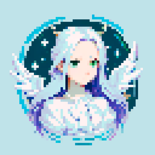 Beautiful ethereal angel with chrome wings, flowing hair, and a serene expression, rendered in pixel art with crisp, defined lines and a vibrant sRGB color palette. clearly defined facial features