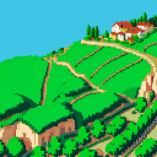 green ridge with exposed rock, small town and vineyards below