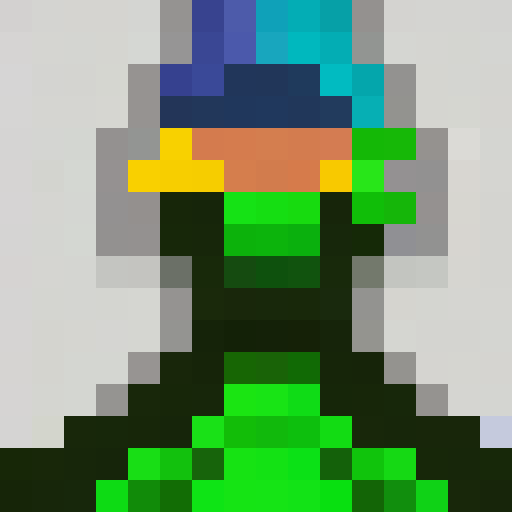 Two geese, pixelated feathers, game icon, 16x16, close-up, portrait, vibrant colors, expressive eyes