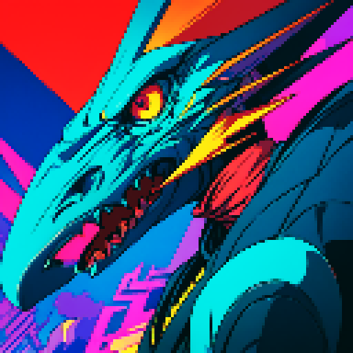 bird monster, vibrant colors, sharp angles, menacing beak, mechanical limbs, glowing eyes, geometric patterns, intricate details, retro video game aesthetic, 8-bit graphics, blocky pixels, limited color palette, nostalgic vibes