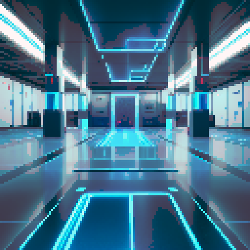 A futuristic indoor battleground with a clean, glossy floor in the foreground, angled slightly upward to provide depth. The bottom-left corner is clear and open for a player's view, while the middle-right showcases sleek metallic walls, glowing blue neon lights, and reflective glass panels. The environment is brightly lit, with symmetrical structures and a high-tech, enclosed feel designed for character placement and balanced combat visuals.