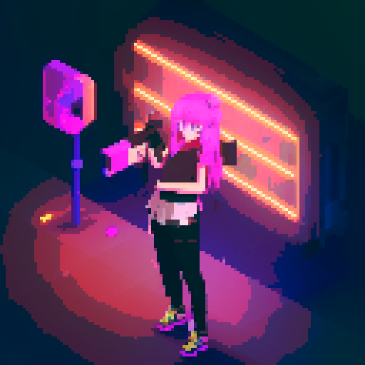 Mage anime girl with flowing hair, fluorescent tattoos, and a pixelated sniper rifle, navigating through a purple neon-lit night market and an sRGB glow