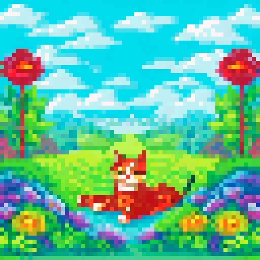 Fluffy feline lounging on a vibrant, grassy hill, surrounded by colorful wildflowers and a picturesque, blue sky backdrop