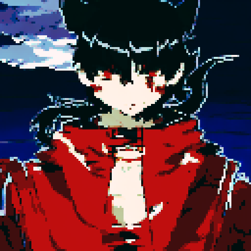 Male half-demon warrior, short black hair, captivating fusion of dark and fiery elements, red eyes reflecting fierce determination and vulnerability, attire blending traditional and modern influences from human and demon, character portrait, anime style, pixel art, close-up