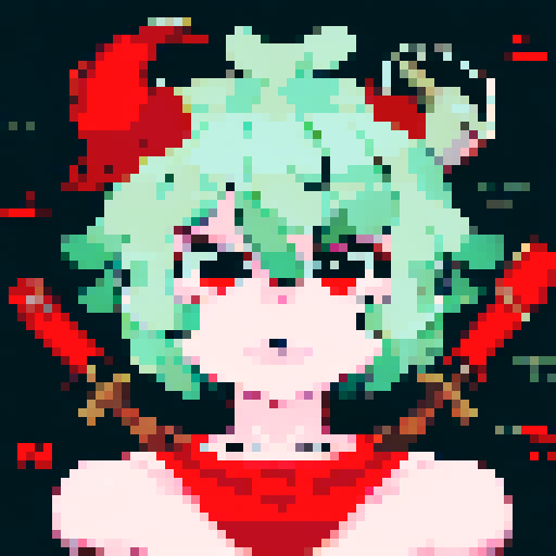 "Red-haired daemon with sea-green eyes stares menacingly into the distance, gripping an axe tightly, captured in a close-up character portrait depicting an anime style with pixel art elements."