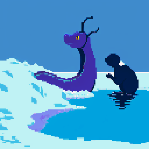Large purple smiling loch ness monster silhouette swimming, poking its head out of frozen lake, winter, monkey on top