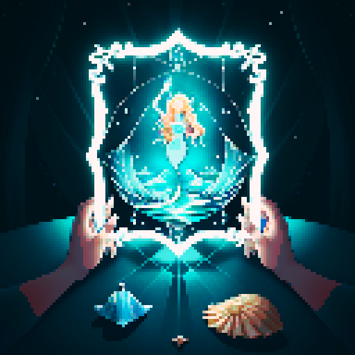 A close-up of a woman's hands over a table during a tarot card reading in a medieval dark style. The table is adorned with elements of the ocean such as sea shells, sand, and small pieces of coral. The atmosphere is mystical and dimly lit, with candlelight casting shadows that enhance the eerie and magical mood. The woman's hands are gracefully poised over the cards, which also have oceanic designs like waves and mermaids.