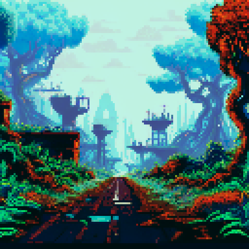 post-apocalyptic scene hidden in the woods, abandoned machinery, rusted pipes, overgrown vines, decaying buildings, shattered windows, eerie silence, nature reclaiming, vibrant pixelated colors, sRGB palette, atmospheric landscape
