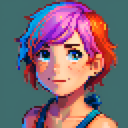 stardew valley-inspired, woman, pixel art, sRGB, vibrant colors, rustic backdrop, short colorful hair, glowing skin, gentle smile, freckles, rosy cheeks