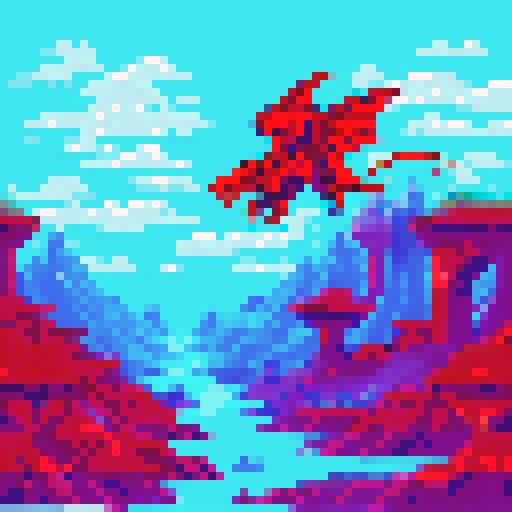 A majestic red dragon soaring over a vibrant pixelated landscape, with a sparkling sRGB background
