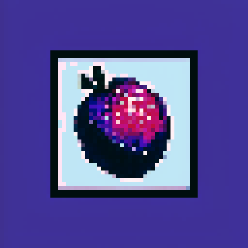 blueberry art frame, purple, pixelated fruits in vibrant colors, void inside, dark background, sRGB