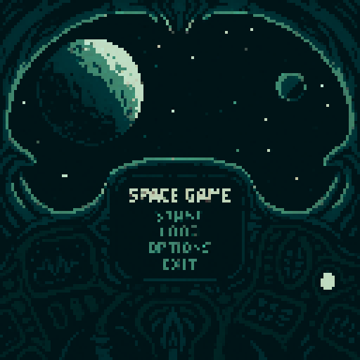 cockpit view of space, spaceship, realistic, alien style, 4 colors palette, game menu screen