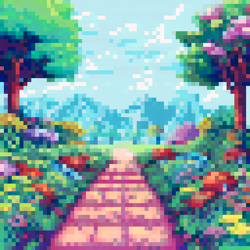 cottage with winding flagstone path, overgrown garden of wildflowers, muted pastel colors, kawaii cute cottagecore, sRGB, pixel art, background, landscape