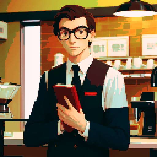 A male hitman dressed in unassuming fashionable clothing standing in a quiet coffee shop observing a day-dreaming female barista who is leaning over the counter and reading an erotic novel