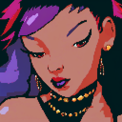 Plus size curvy, cute, busty greaser goth girl, with purple hair, black eyeshadow, red lipstick. Large breasts. Wearing studded collar. Posing for sexy glamour shot. whole head portrait, avatar photo. vibrant sRGB colors, pixel art, edgy aesthetic