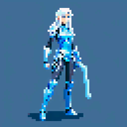 tall, slender human, silver hair, ice-blue eyes, midnight-blue armor, rune engravings, mystique, power, pixel art, sRGB, girl, 2D game stance