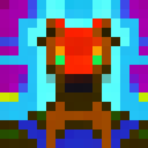 "Pixelated Flame Fox with rainbow hues, fiery aura, and piercing eyes depicted in a 16x16 pixelated portrait."