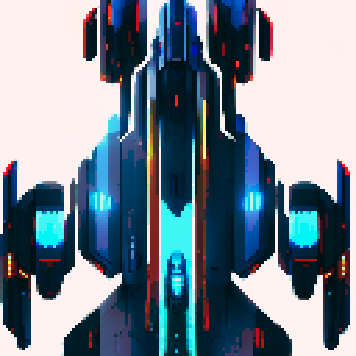 sleek and angular space battleship, glowing blue propulsion engines, futuristic design, metallic hull with rivets, pixelated details, vibrant colors, dynamic composition, long ship body, long desk, mirror place