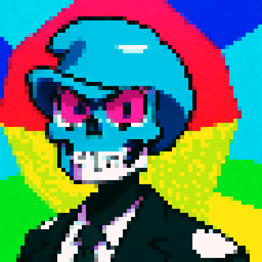 cartoon skull face, vibrant colors, bold lines, exaggerated features, pixelated details, sRGB color palette