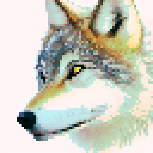 simple wolf, pixelated fur, fierce expression, glowing yellow eyes, sharp fangs, triangular ears, dark grey shading, subtle highlights, intense gaze, black outline, 64x64 pixels, sRGB color palette, skillfully crafted pixel art image