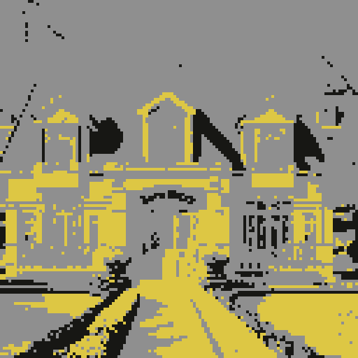 Suburban mansion, front view, symmetrical design, towering structure, pixelated windows, pristine lawn, vibrant flowers, winding driveway, vibrant colors, low-resolution details, sRGB color palette