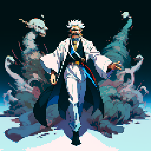 male mad scientist facing left with white mustache full-body image