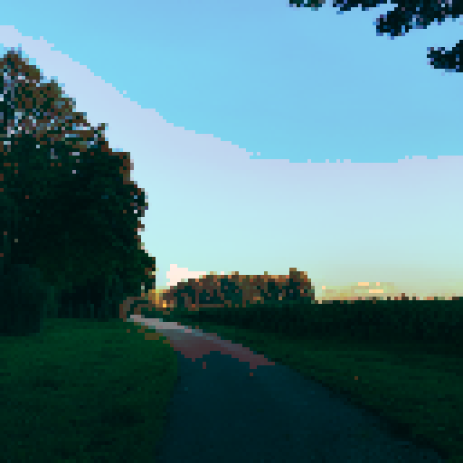 Expansive sunset sky, orange and purple hues, pixel art, sRGB, background, landscape, towering building, silhouetted trees, gentle rolling hills, wispy clouds