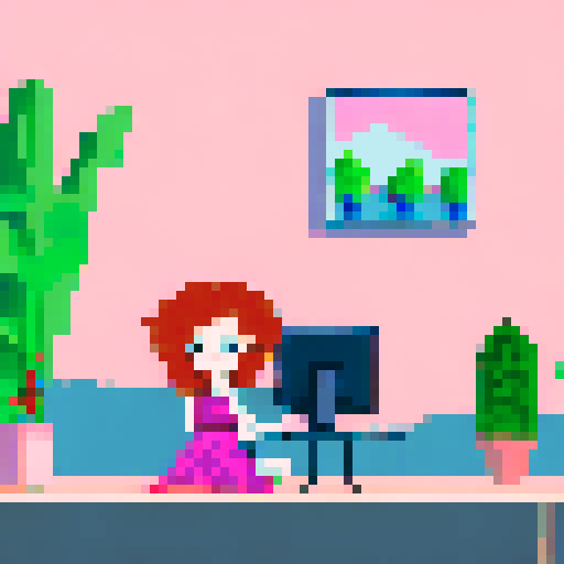 cute, curly redhead with green eyes, smiling, cleavage, head phones, pink and black dress, sitting at gaming desk, detailed pixel art, wide shot, in a room with plants and stuffed animals behind her, paintings on the wall, sRGB
