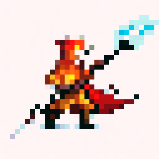 Flaming lance ablaze, armored hero charges with gritted teeth, surrounded by swirling inferno, pixelated flames licking at the edges of the screen, intense and vibrant colors, skillfully crafted close-up portrait