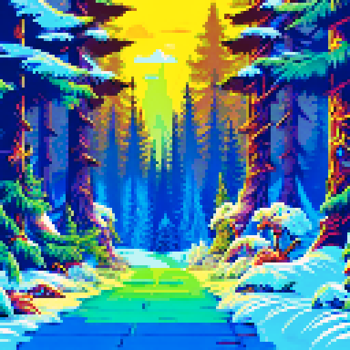 snow covered winter forest, tall spruce trees, clearing, quaint cottage, warm light, windows, snowy ground, sRGB, pixel art, background, landscape
